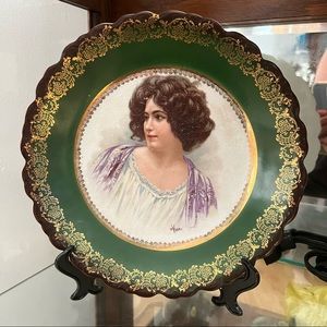 Antique OC Co Limoges Gibson Girl Portrait Cabinet Plate Porcelain Green Border